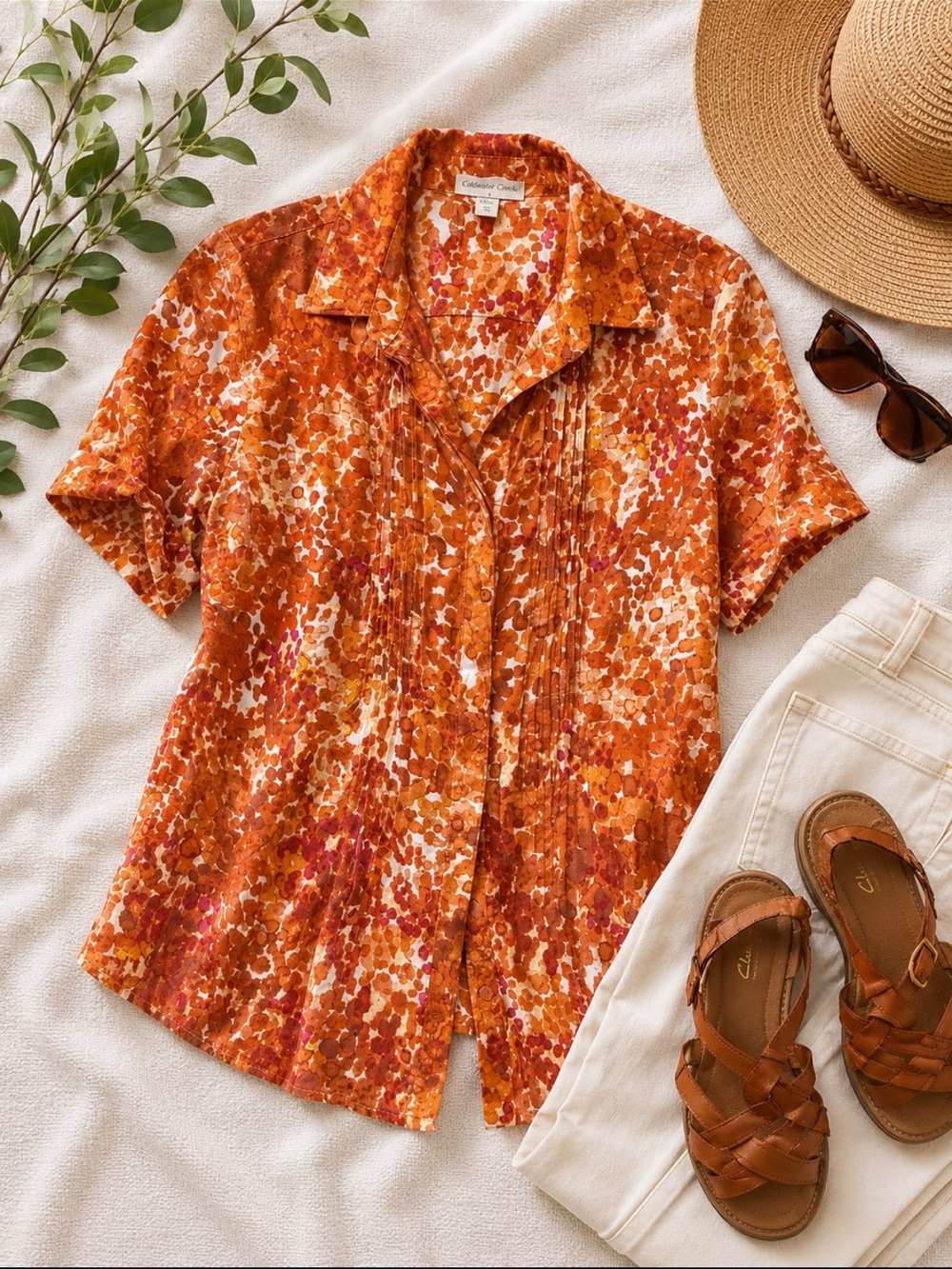 Coldwater Creek Orange & White Printed Short-Sleeve Button Down Shirt